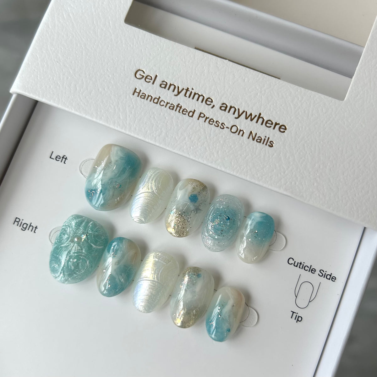 Set of GELLY press-on nails with blue and white designs