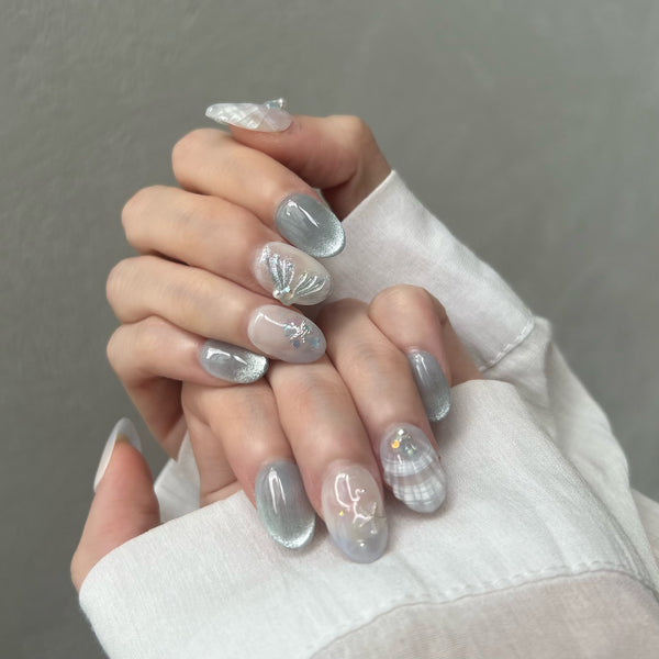 Mermaid press on nail, blue cat eye press on nail