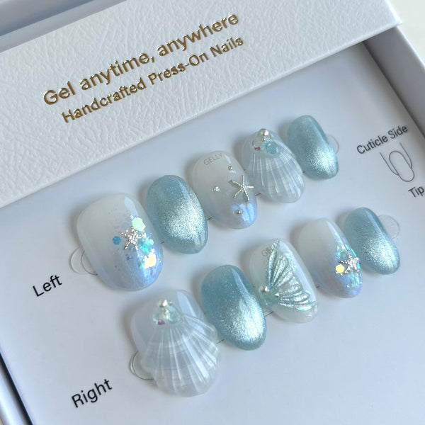 Mermaid press on nail, blue cat eye press on nail