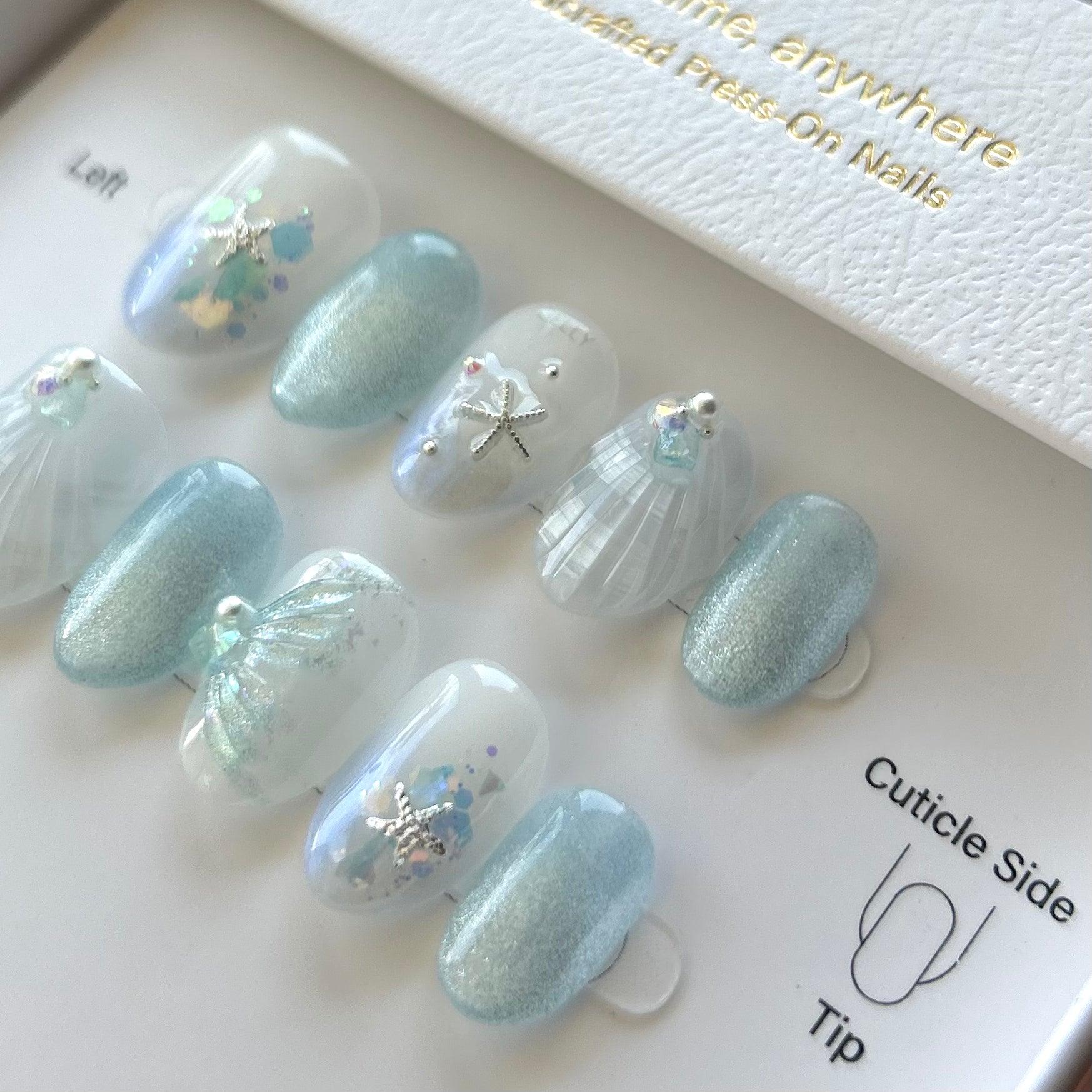 Mermaid press on nail, blue cat eye press on nail