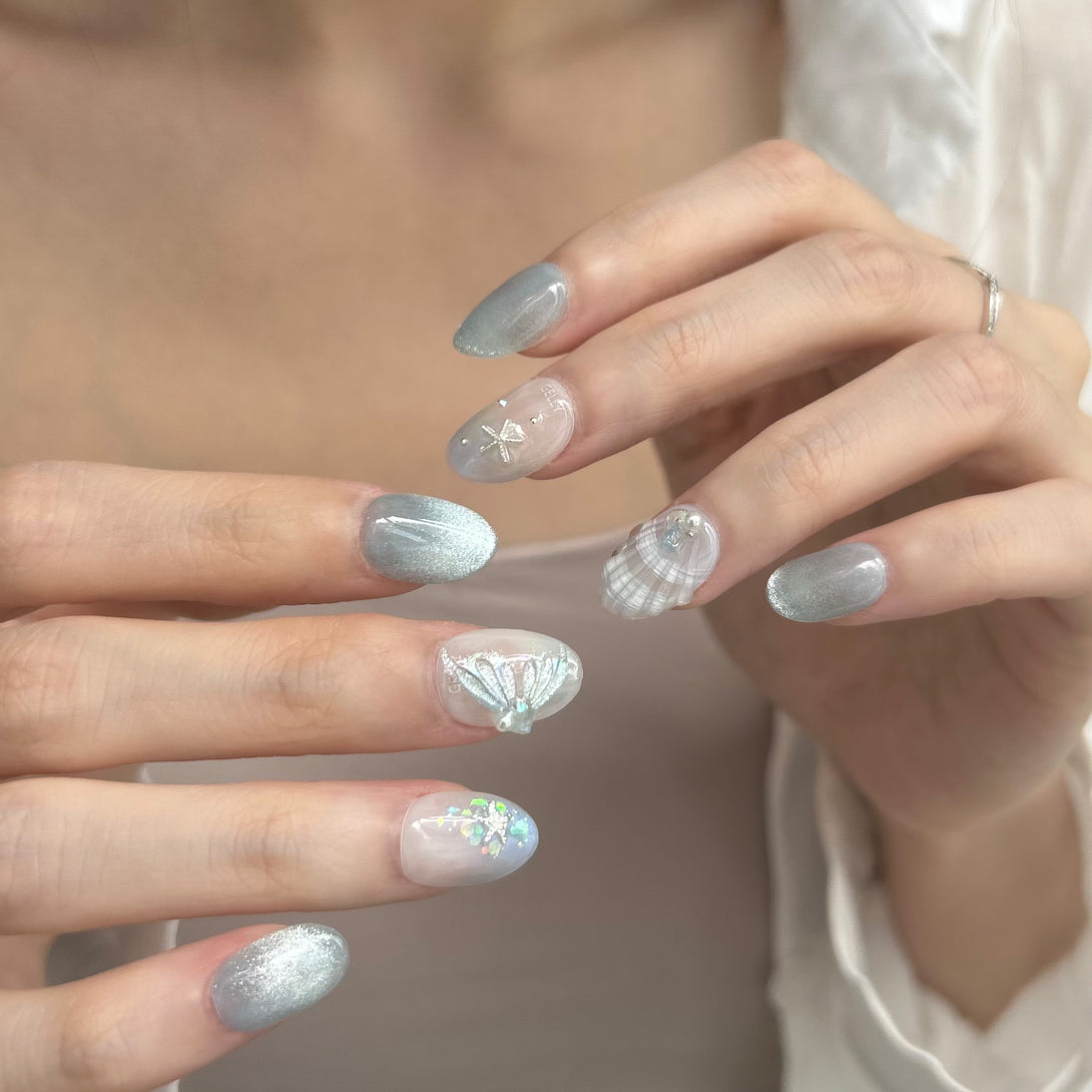 Mermaid press on nail, blue cat eye press on nail