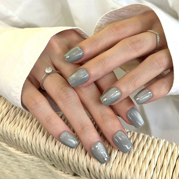 灰藍穿戴甲 gray blue press on nail