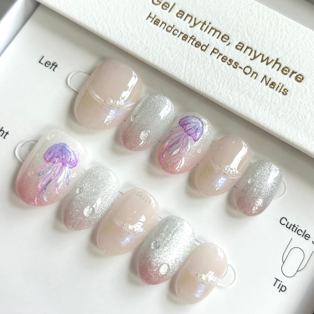 Set of press-on nails with glittery design in a box labeled 'Gel anytime, anywhere'.