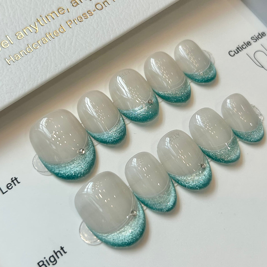 Blue cat eye press on nail, blue french nail 