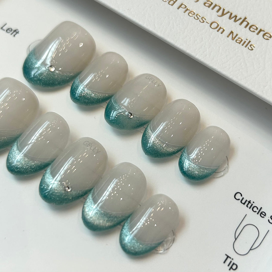 Blue cat eye press on nail, blue french nail 