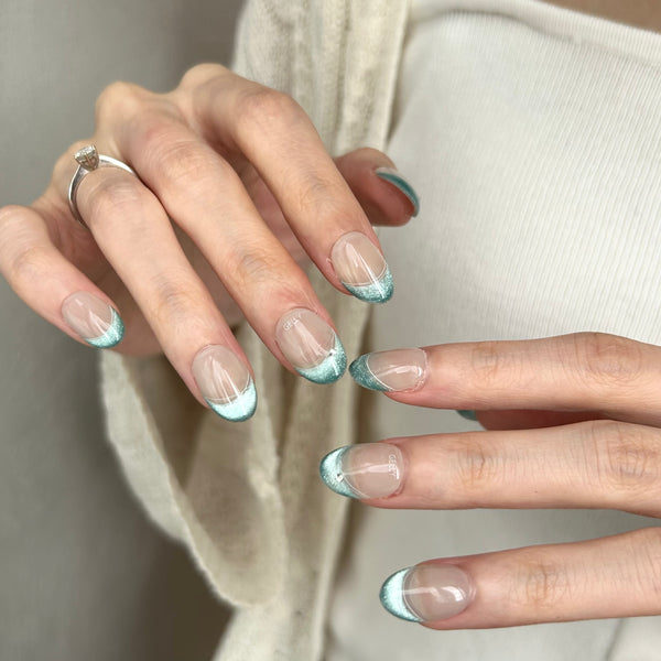 Blue cat eye press on nail, blue french nail 