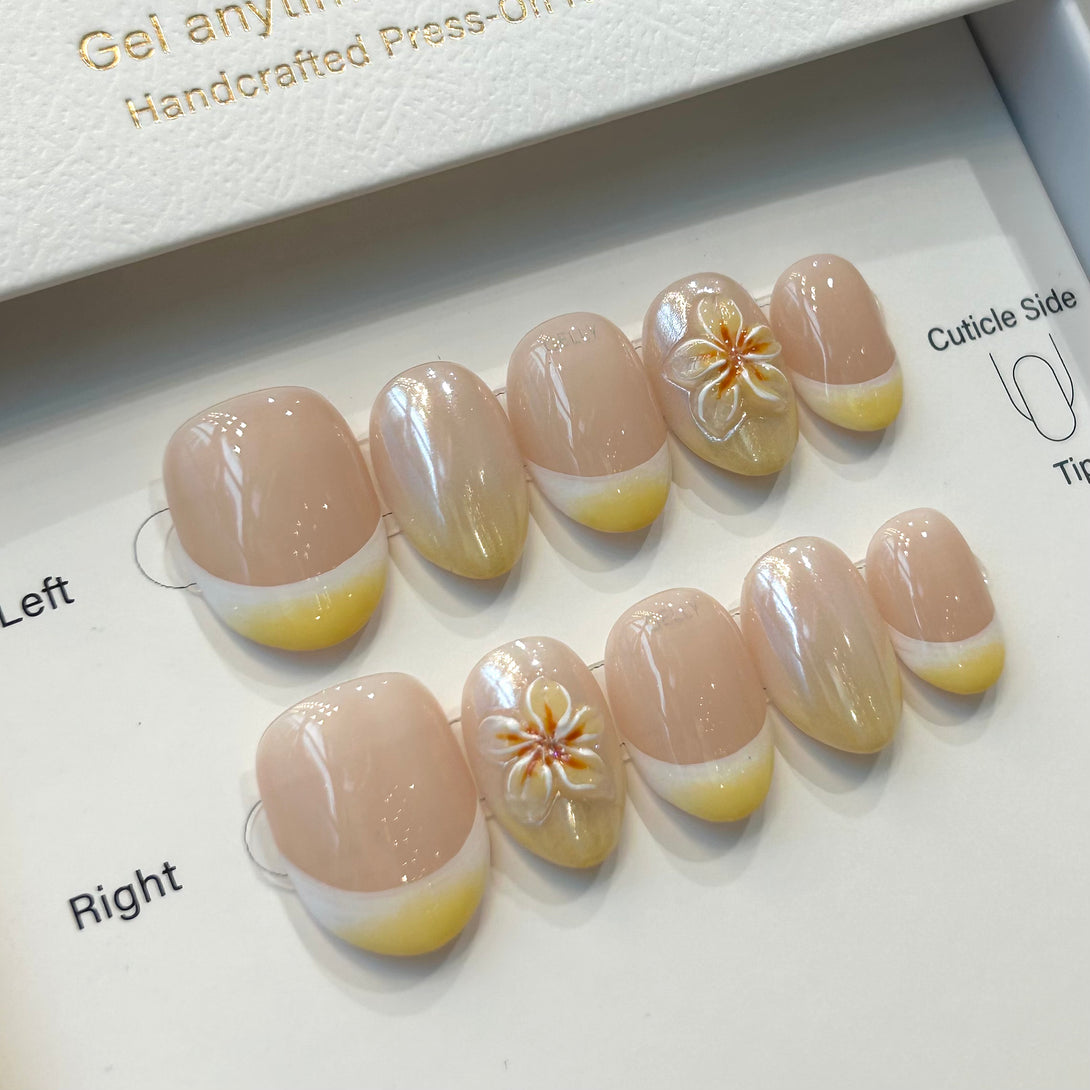 Plumeria flower press on nail, frenchie nail