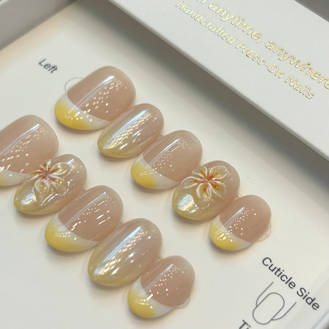 Plumeria flower press on nail, frenchie nail