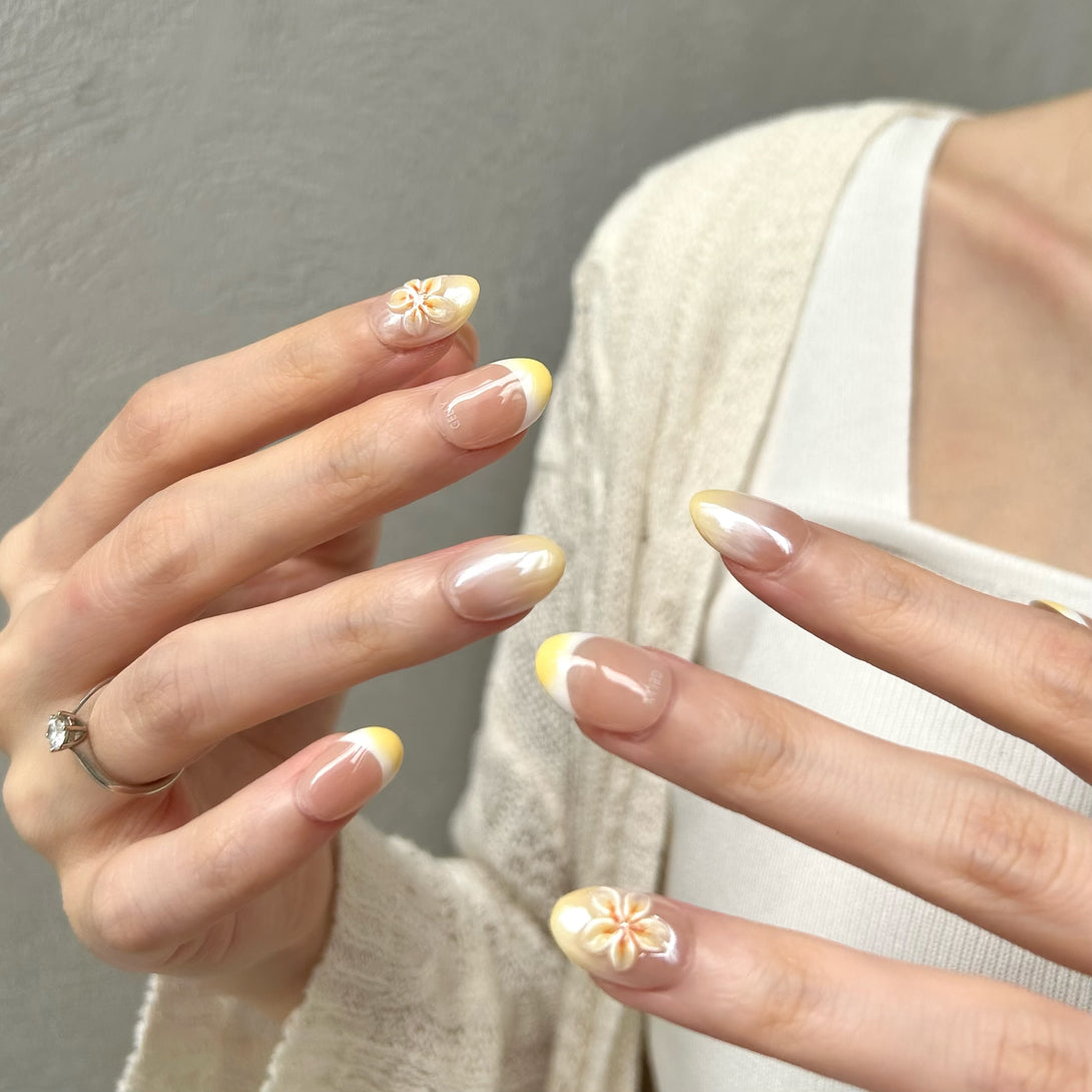 Plumeria flower press on nail, frenchie nail