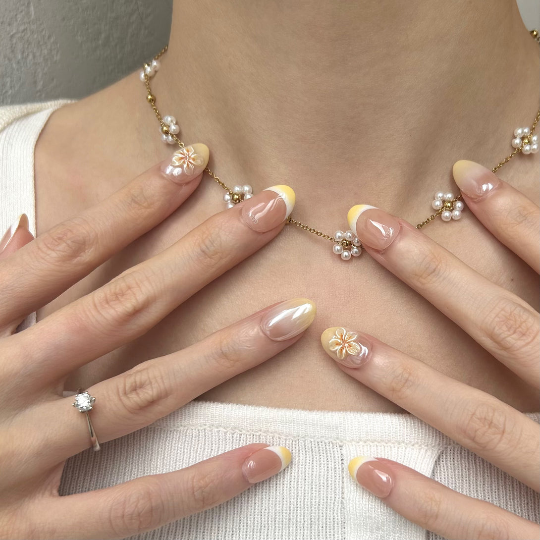 Plumeria flower press on nail, frenchie nail