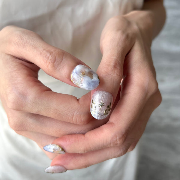 Goddess of Wisdom Athena, blue and gold marble press on nail 藍白色暈染穿戴甲